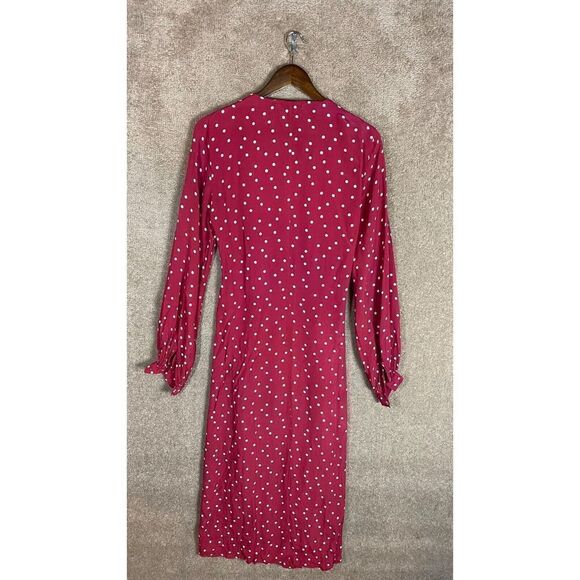 Mango Dotty-A Wrap Dress Size Small S Maroon/White Midi Polka Dot Balloon Sleeve - Picture 7 of 8